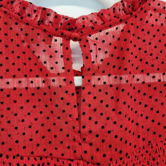 Express Smocked Peplum Polka Dot Blouse Top Size L Red Puff Sleeve Rockabilly - Picture 7 of 12